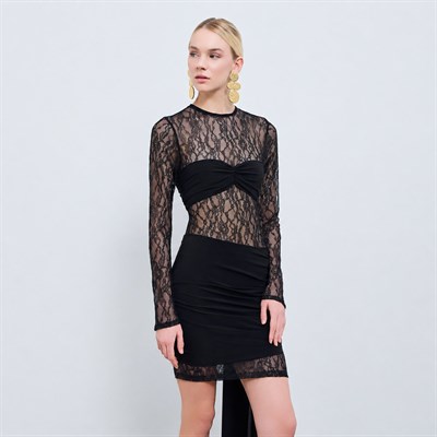 Erika Lace-Overlay Blouse & Skirt-Detailed Mini Dress in Black