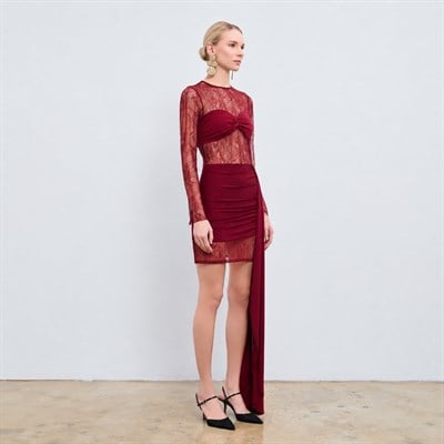 Erika Lace-Overlay Blouse & Skirt-Detailed Mini Dress in Burgundy