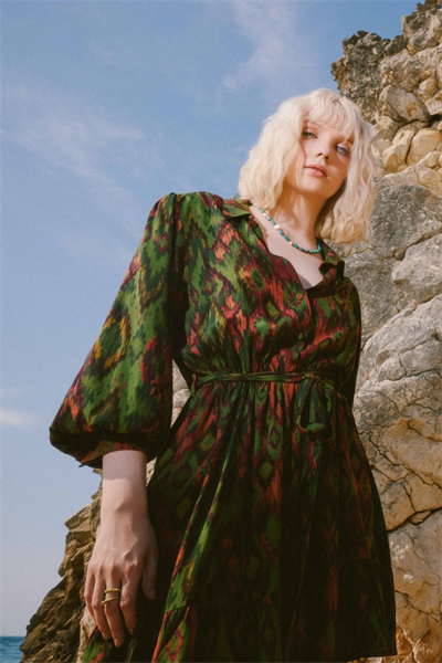 Ikat Fırfırlı Mini Elbise - Haki