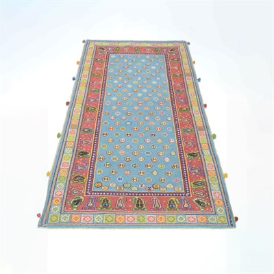 İran Zolanvari El Dokuma Kırmızı ve Mavi Yün Sumak Kilim 146x186 cm