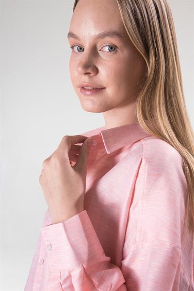 Kadın Pamuk-Keten Pembe Standart Beden Gömlek