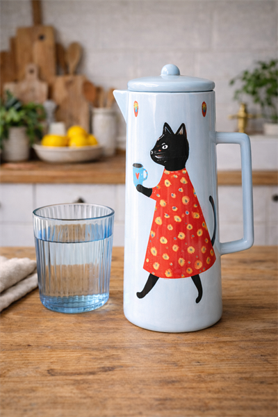 Pastel Mavi Kedili Sürahi 