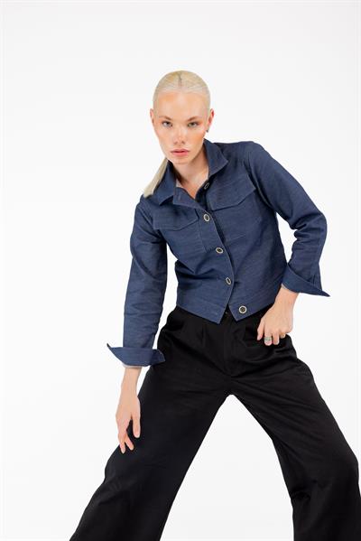 Slim Fit İndigo Kadın Pamuk Kot Ceket