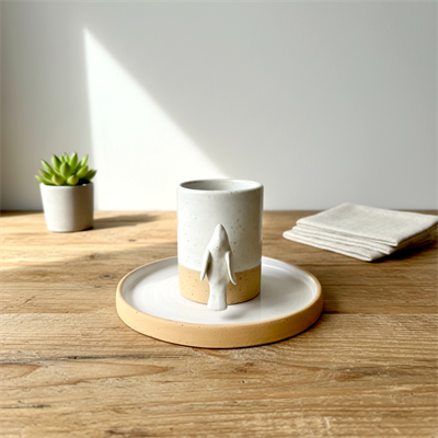 Stoneware Kuş Figürlü Bej Kahve Fincanı