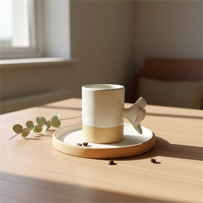 Stoneware Kuş Figürlü Bej Kahve Fincanı
