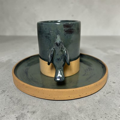 Stoneware Kuş Figürlü Yeşil Kahve Fincanı