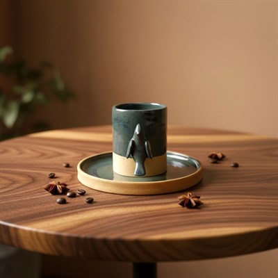 Stoneware Kuş Figürlü Yeşil Kahve Fincanı