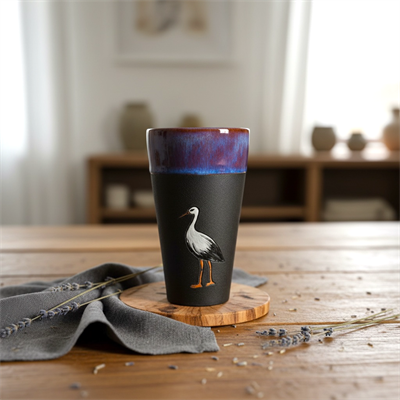 Stoneware Leylek Figürlü Siyah Bardak