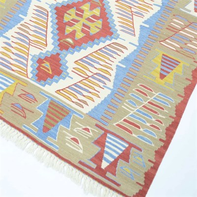 Uşak Yünden El Dokuma Yeşil, Mavi ve Kırmızı Renk Kilim 90x120 cm