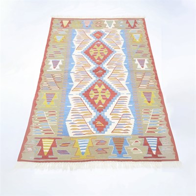 Uşak Yünden El Dokuma Yeşil, Mavi ve Kırmızı Renk Kilim 90x120 cm