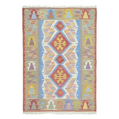Uşak Yünden El Dokuma Yeşil, Mavi ve Kırmızı Renk Kilim 90x120 cm