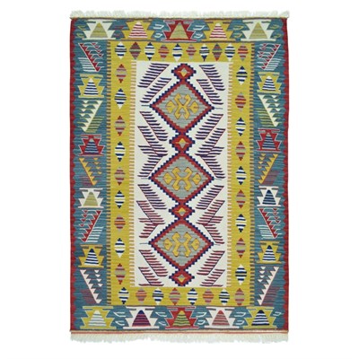 Uşak Yünden El Dokuma Yeşil, Sarı ve Bordo Renk Kilim 120x180 cm