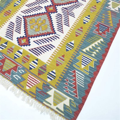 Uşak Yünden El Dokuma Yeşil, Sarı ve Bordo Renk Kilim 120x180 cm