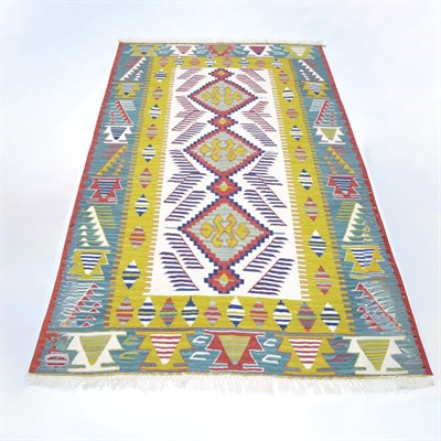Uşak Yünden El Dokuma Yeşil, Sarı ve Bordo Renk Kilim 120x180 cm