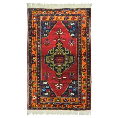 Vintage Niğde El Dokuma Halısı, Madalyon ve Çiçek Motifli 110x190 cm