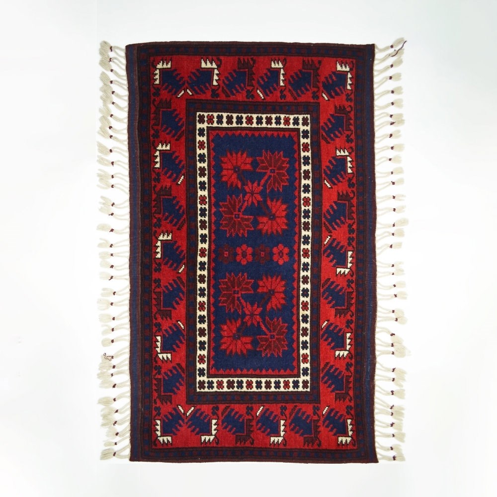 El Dokuma Lacivert Kırmızı Renk Yağcıbedir Halısı 57x108 cm