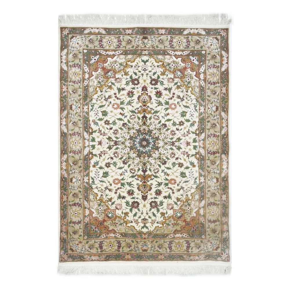 İran İsfahan El Dokuma Krem ve Bej Renk Yün ve İpek Halı 123x185 cm