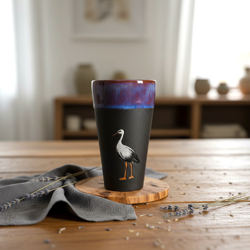 Stoneware Leylek Figürlü Siyah Bardak