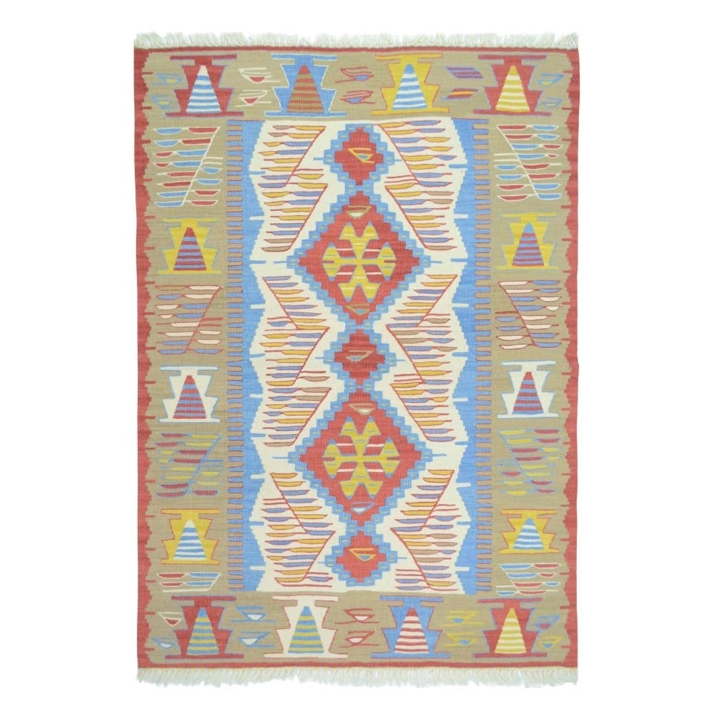 Uşak Yünden El Dokuma Yeşil, Mavi ve Kırmızı Renk Kilim 90x120 cm