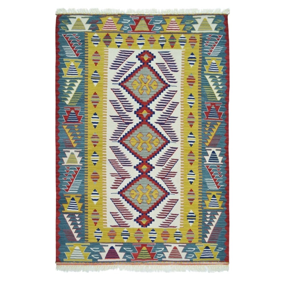 Uşak Yünden El Dokuma Yeşil, Sarı ve Bordo Renk Kilim 120x180 cm