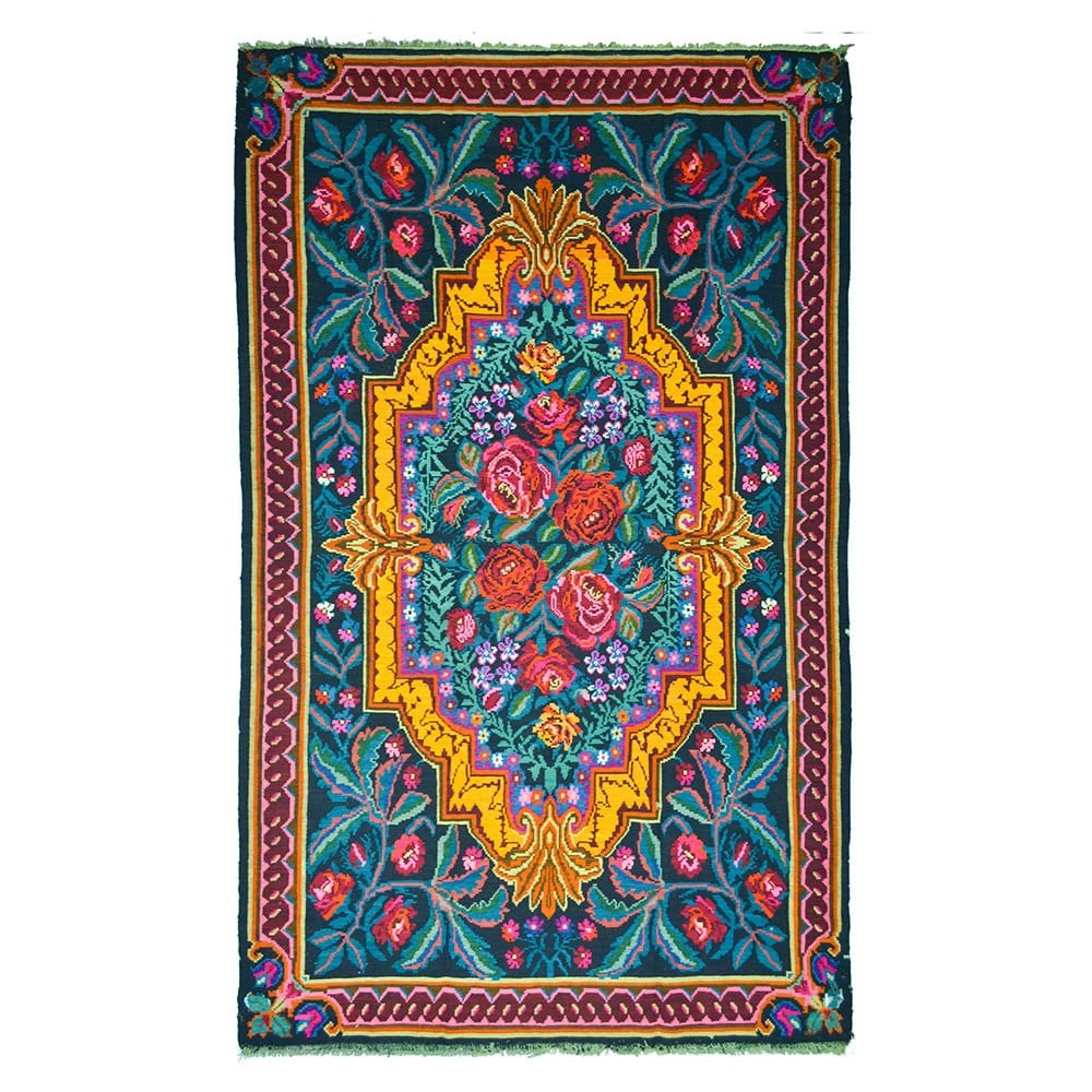 Vintage Karabağ El Dokuma Kilim, Çok Renkli Çiçek Desenli 210x340 cm
