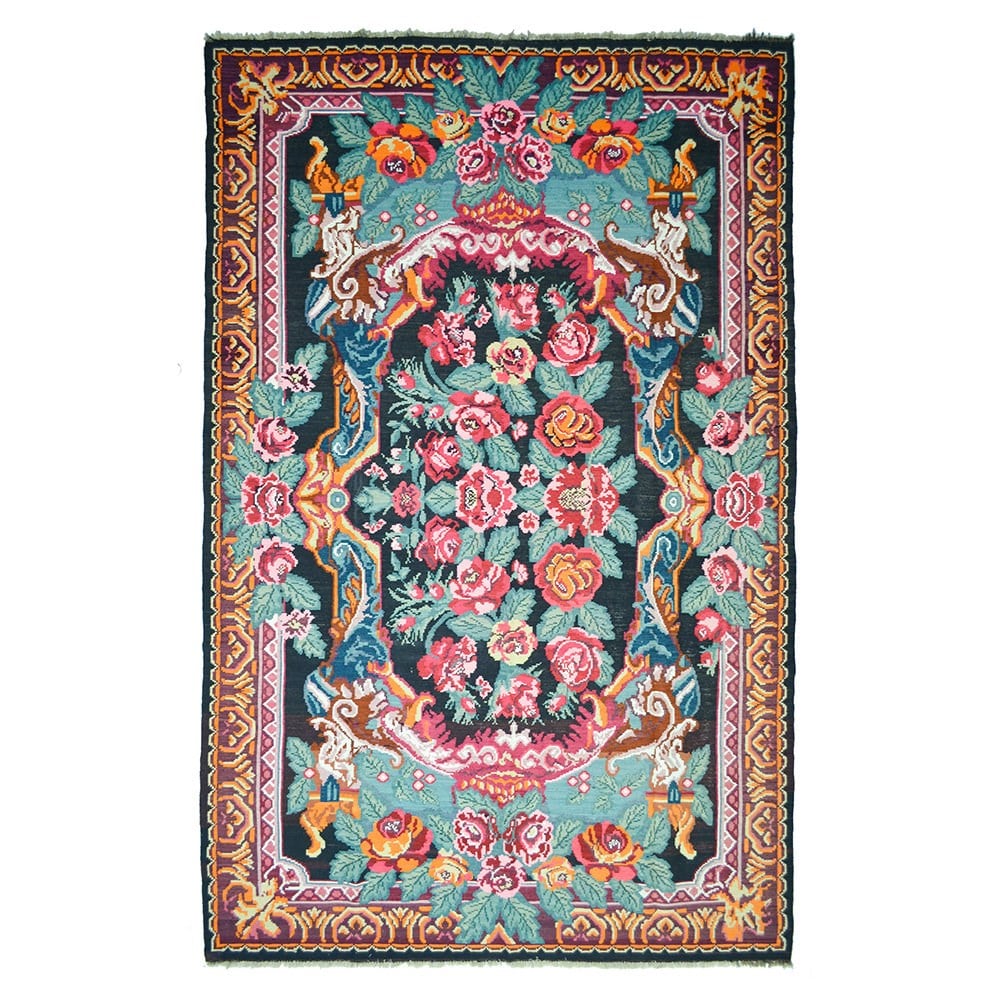 Vintage Karabağ El Dokuma Kilim, Çok Renkli Çiçek Desenli 215x340 cm