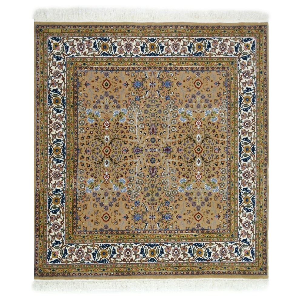 Yedi Dağın Çiçeği Desenli El Dokuma Deve Tüyü Rengi Kare Hereke Halısı 176x176 cm