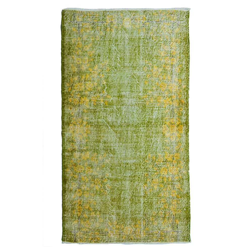 Yeşil ve Sarı Renk Çiçek Desenli Vintage Isparta Halısı 120x215 cm