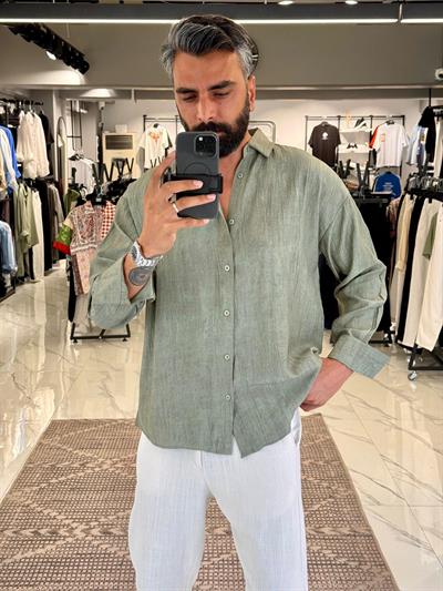 Desenli Modal Kumaş Oversize Gömlek Haki