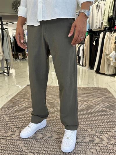 Duble Paça Keten Pantolon Haki