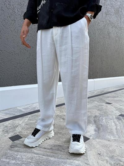 Modal Kumaş Pile Detaylı Baggy Kalıp Pantolon Beyaz
