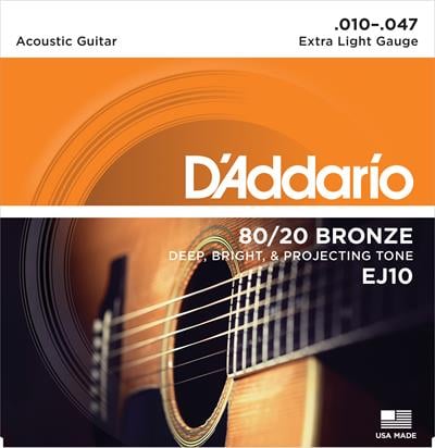 DADDARIO EJ10 AKUSTİK GİTAR TEL SETİ, 10-47, 80/20 BRONZE, EXTRA LIGHT