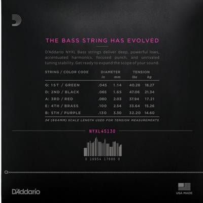 DADDARIO NYXL45130 BASS GİTAR TEL SETİ, NYXL SERİSİ, LONG SCALE, 5 TELLİ