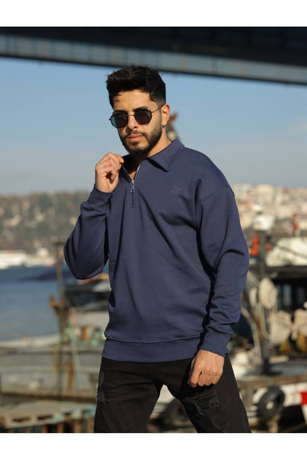 Polo Yaka Oversize Sweatshirt Yarım Fermuar Sweatshirt Oversıze-9921