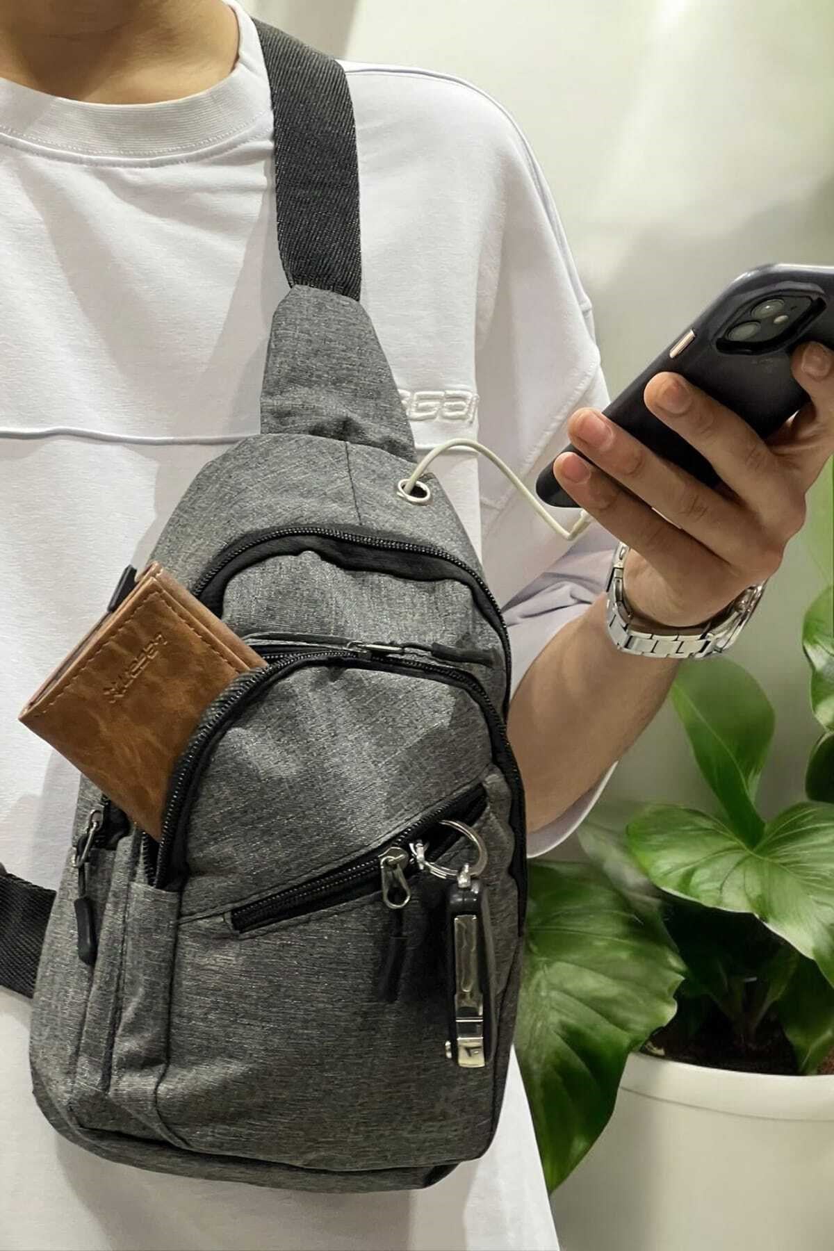 Unisex Siyah Su Geçirmez Usb Kulaklık Çıkışlı Omuz Çantası Çapraz Askılı Göğüs Çanta8052