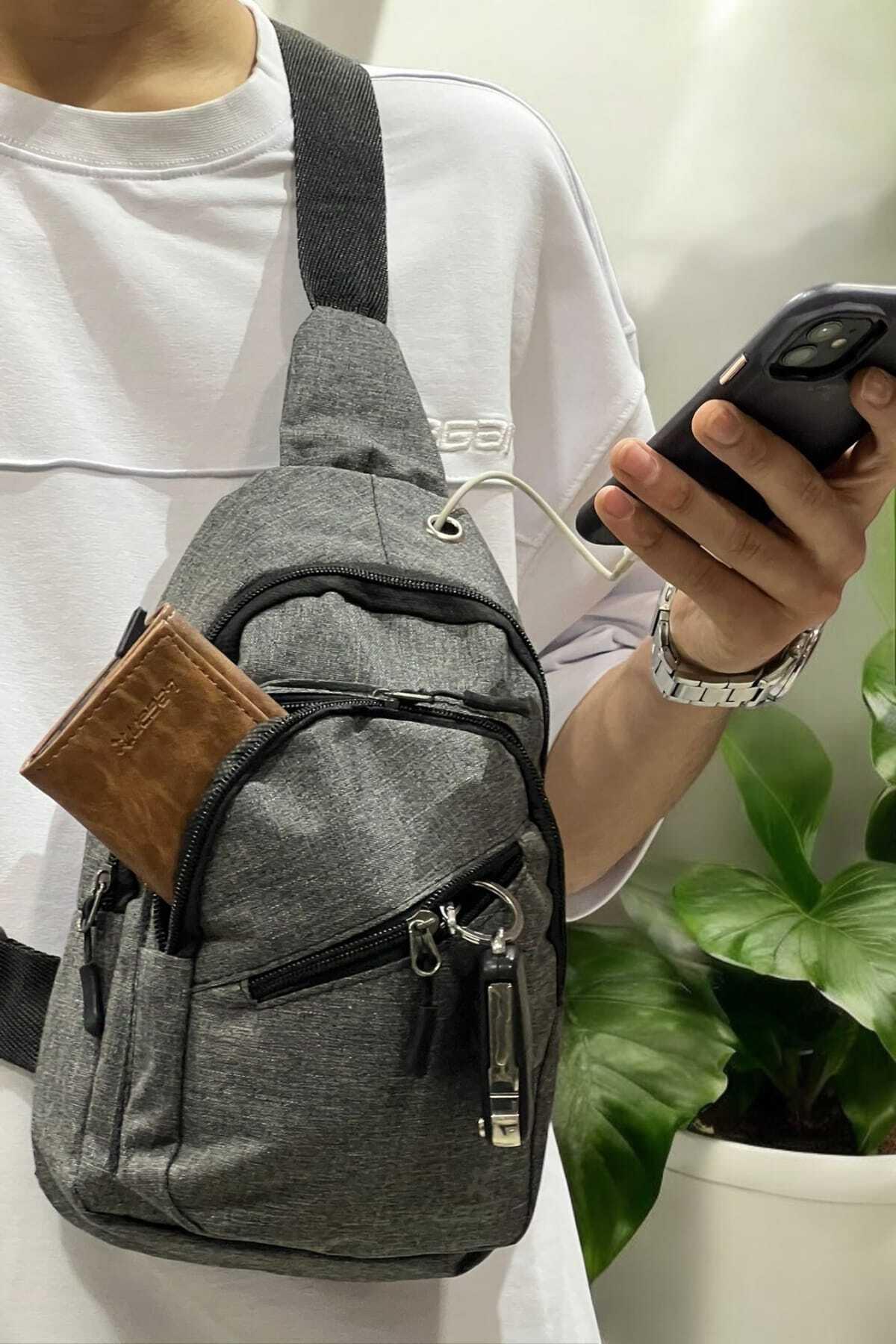 Unisex Siyah Su Geçirmez Usb Kulaklık Çıkışlı Omuz Çantası Çapraz Askılı Göğüs Çanta8052