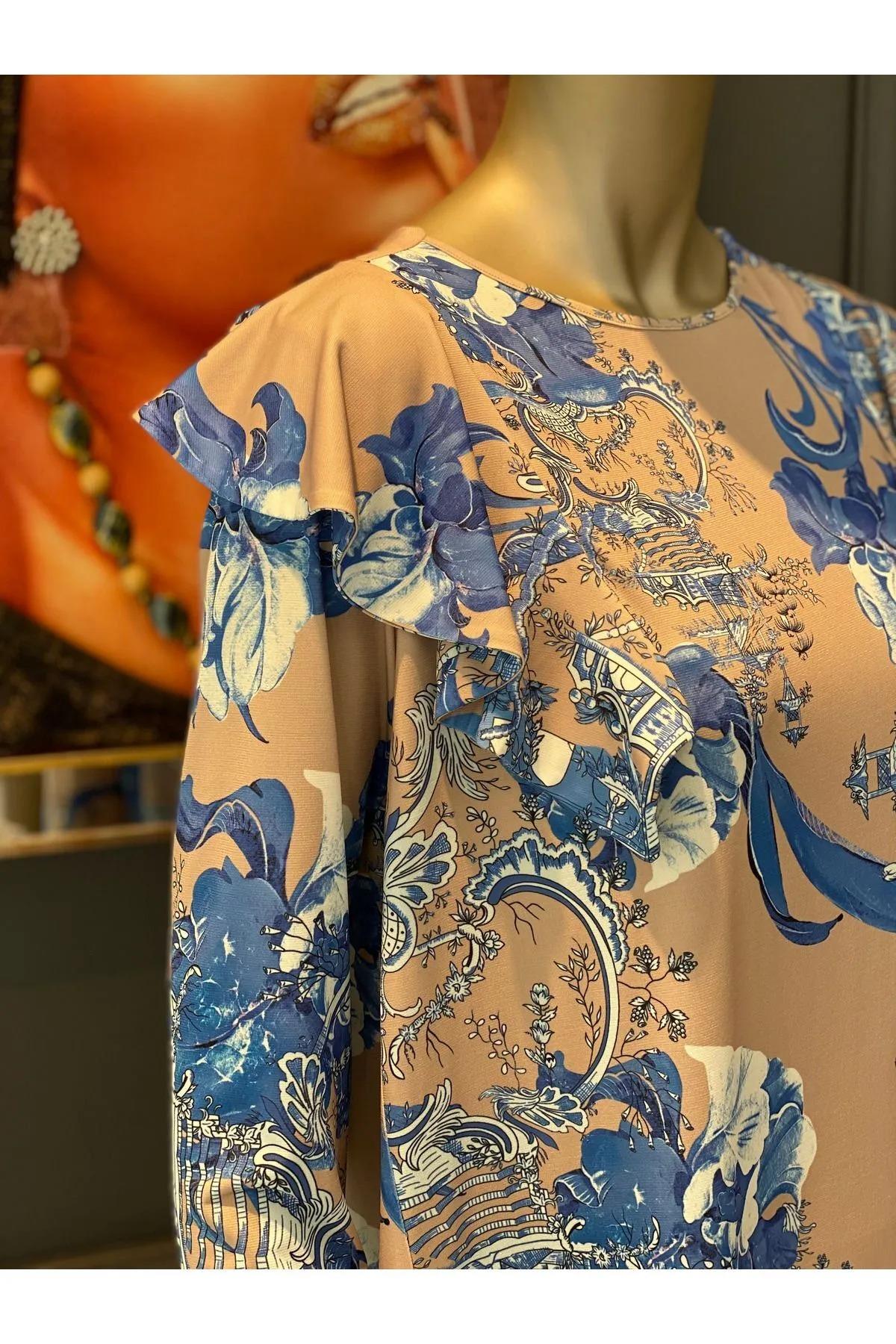 Noitriko Jarse Japanese Summer Desenli Omuzları Volanlı Elbise Saks