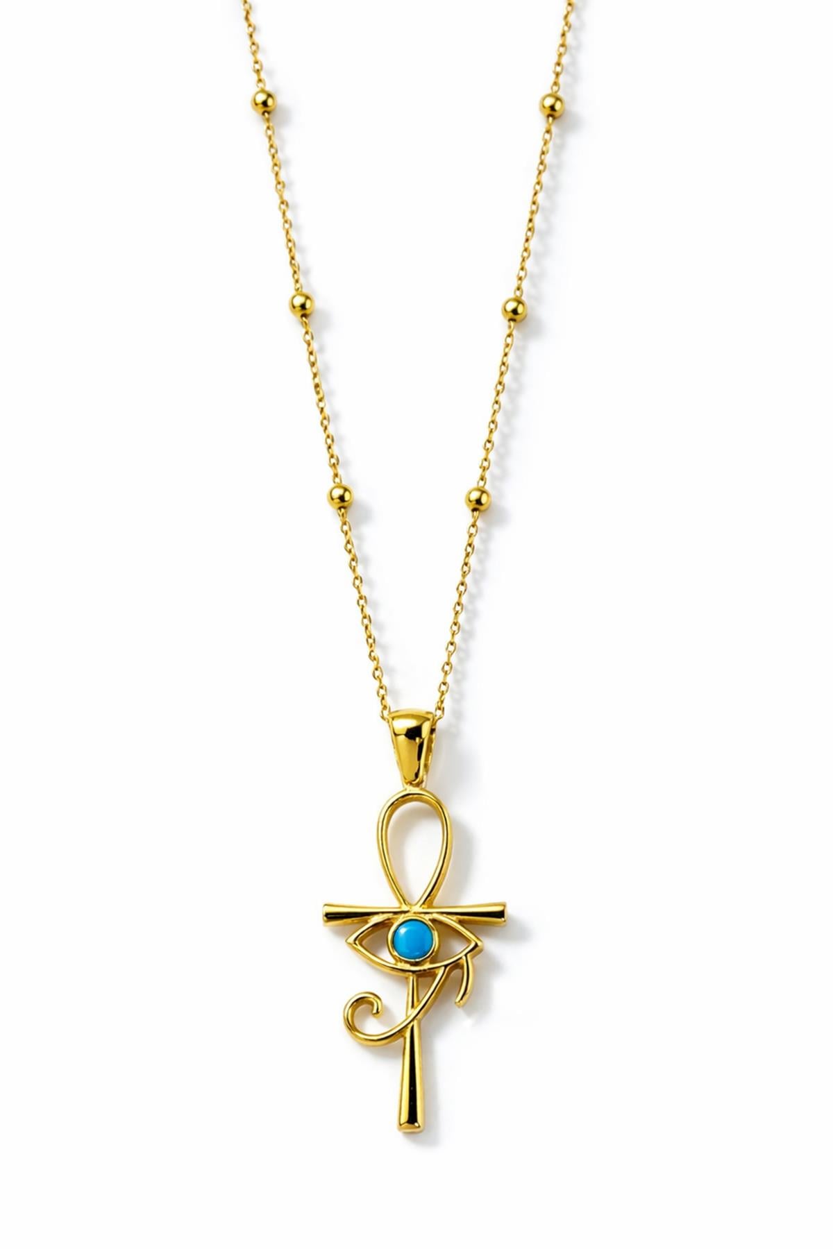 Ankh Model Taşlı Altın Kaplama Gümüş Kolye By-9167