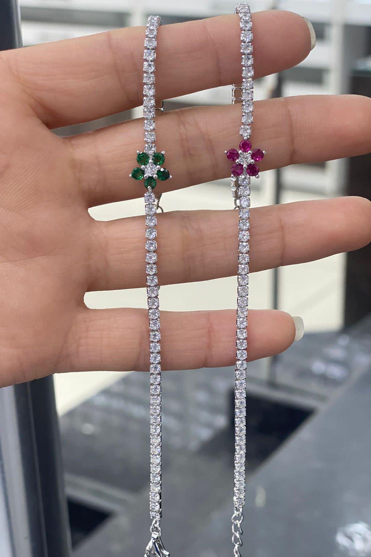 Çiçek Model Yeşil Taşlı Gümüş Bileklik By-7034
