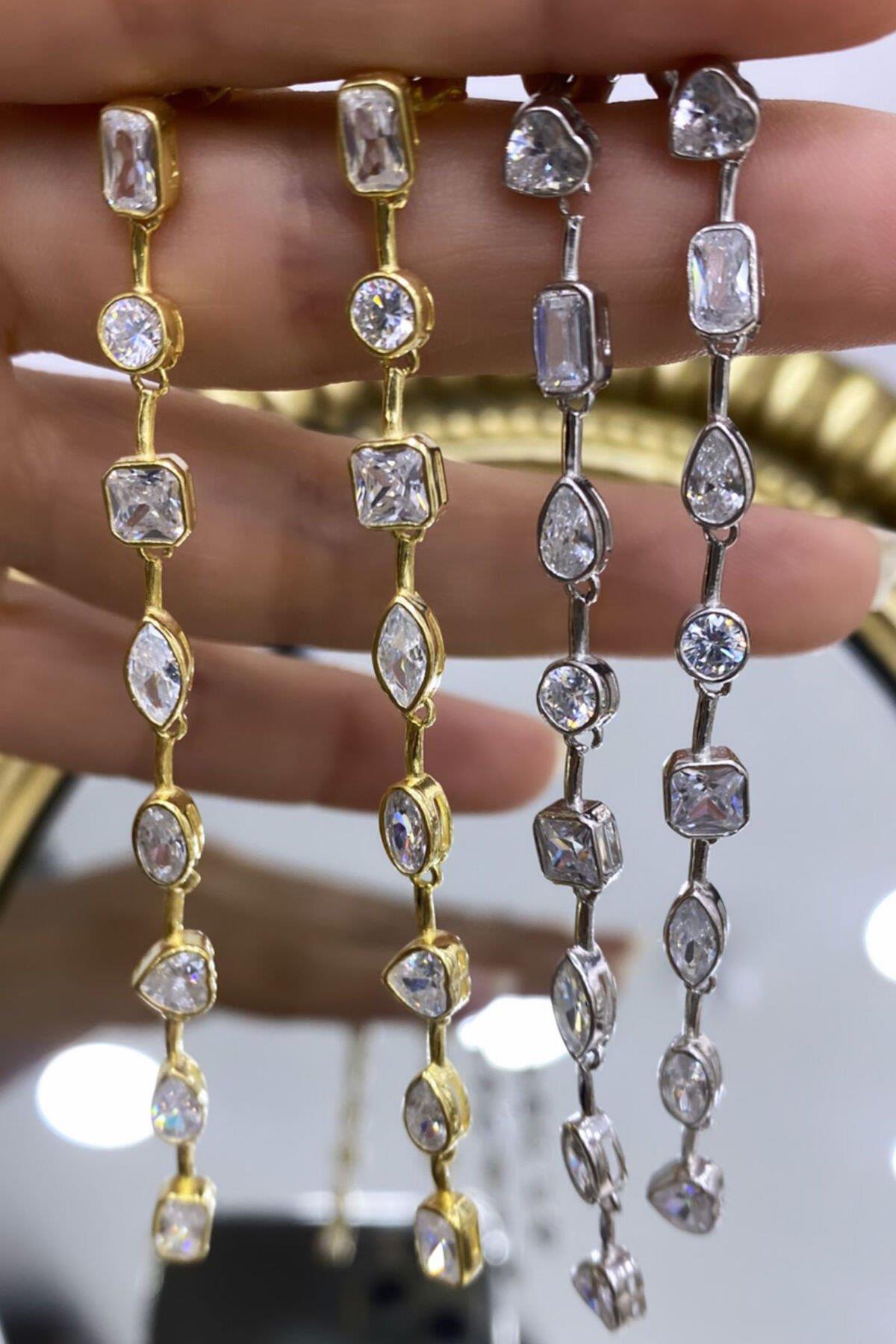 Gold Rengi Sallantılı Taşlı Gümüş Küpe By-6983