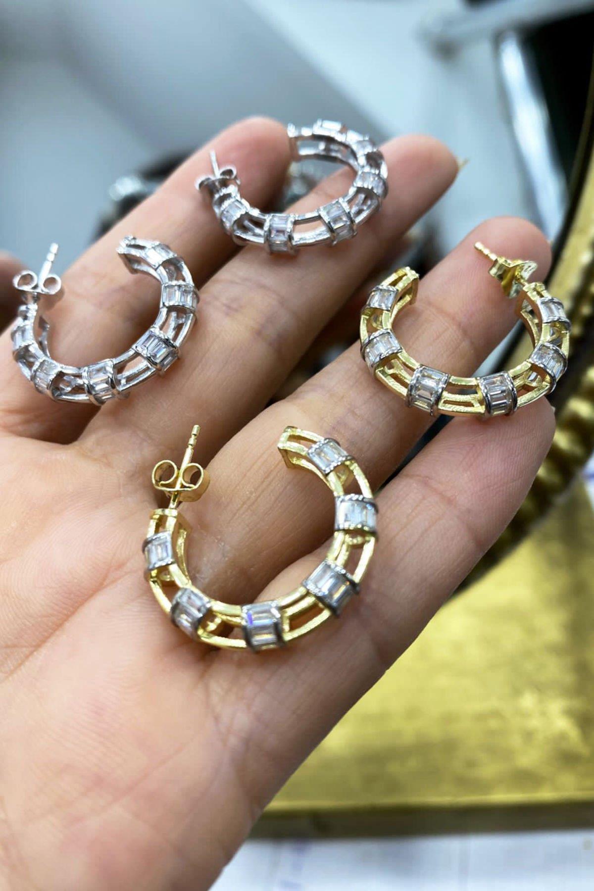 Gold Rengi Taşlı Gümüş Halka Küpe By-6968