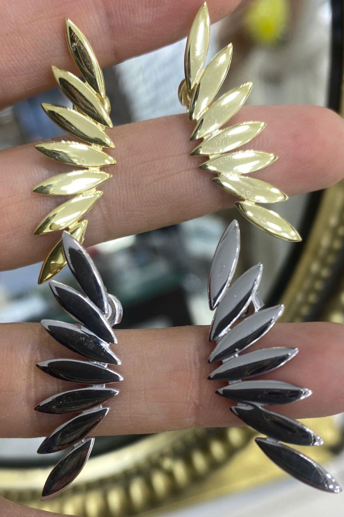 Gold Rengi Yaprak Model Gümüş Küpe By-6980