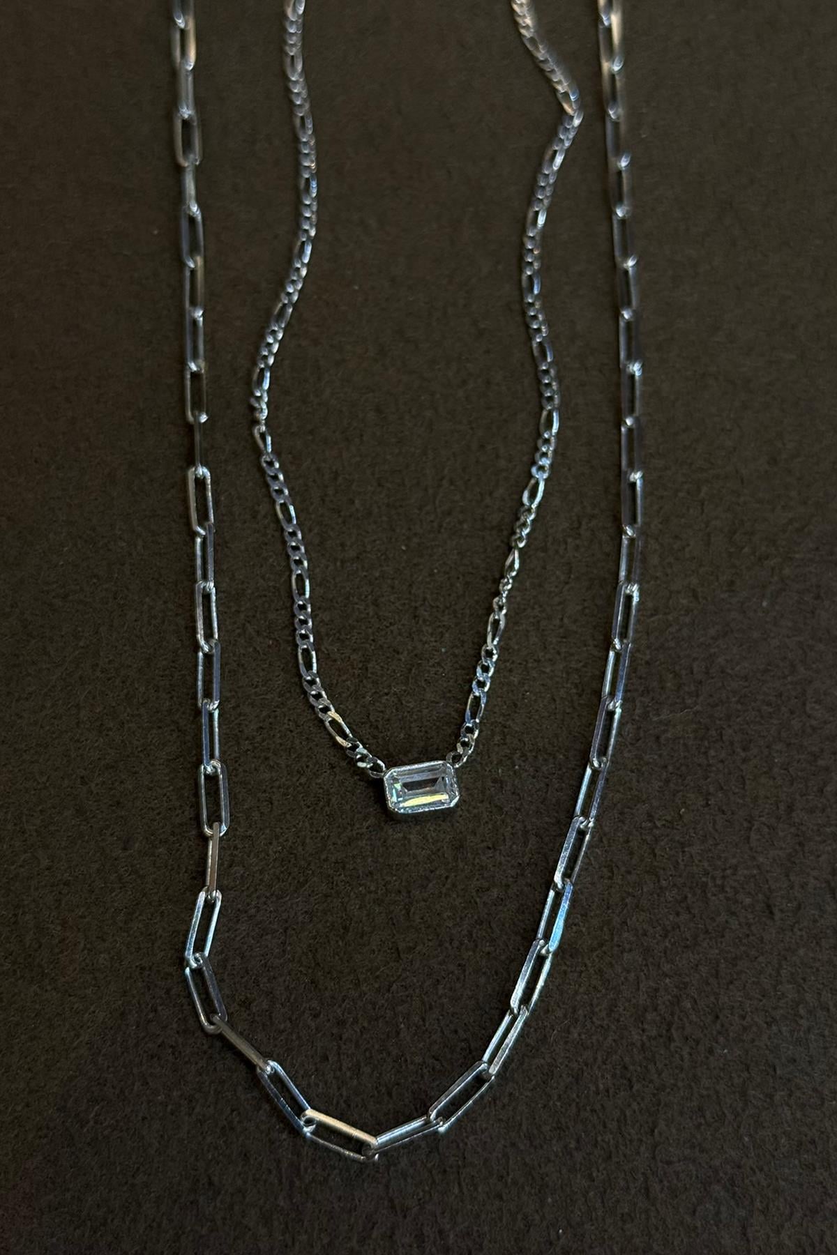 İkili Zincir Model Taşlı Gümüş Kolye By-9096