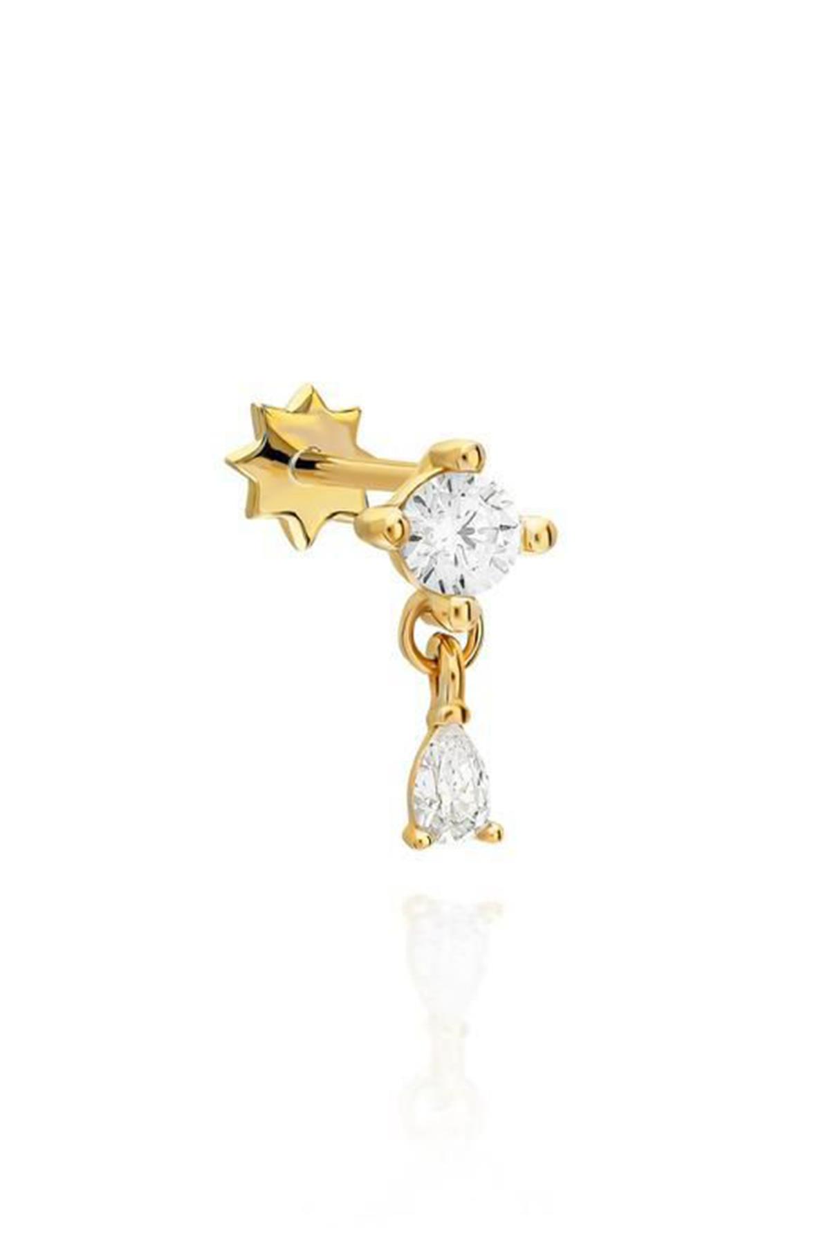 Sallantılı Taşlı Altın Kaplama Gümüş Tragus By-9157