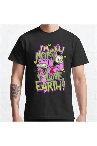Bol Kalıp Unisex Invader Zim Gir I'm Normal I Love Earth!! Tasarım Baskılı Tshirt