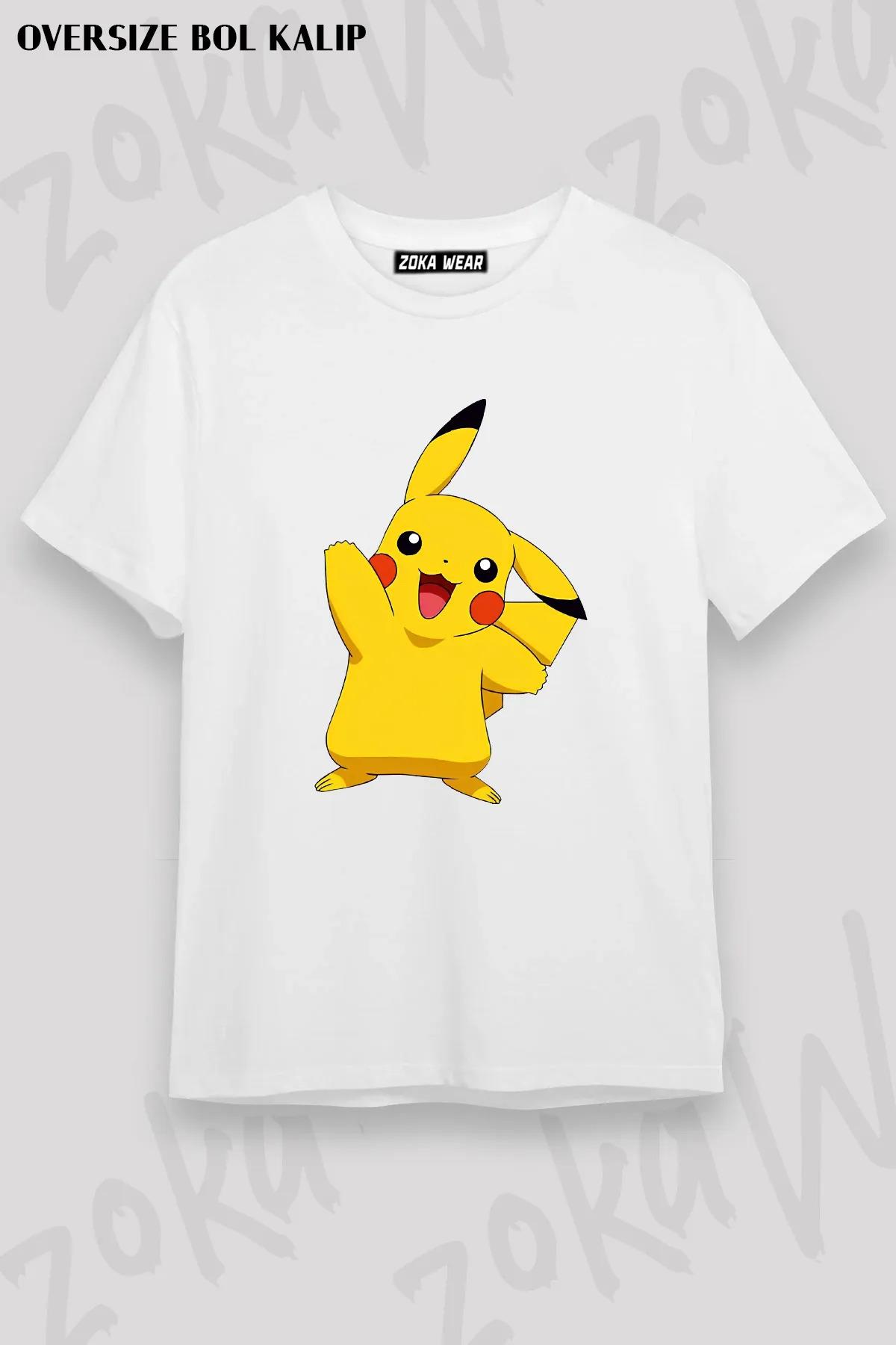Unisex Bol Kalıp Beyaz Pokemon Pikachu Illustrasyon Pikaçu Çizim Baskılı Oversize Tişört