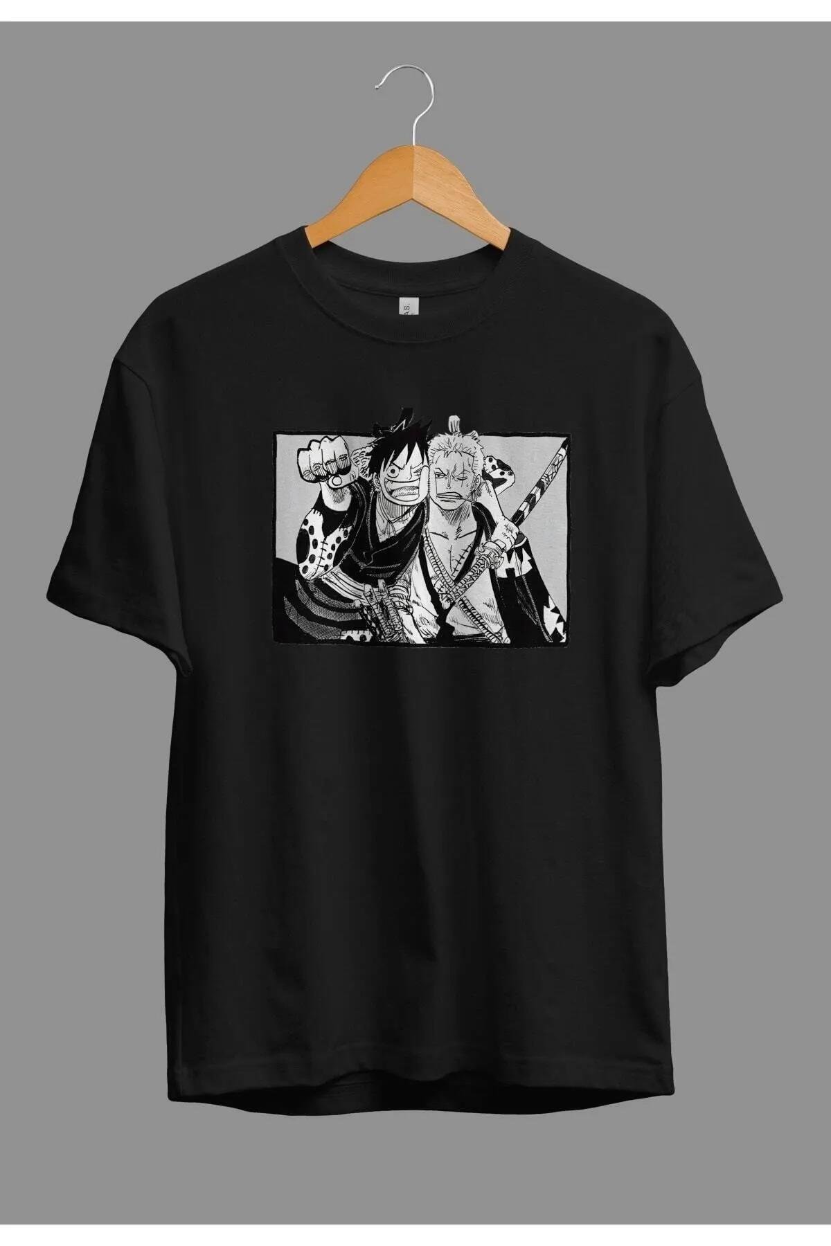 Unisex Bol Kalıp One Piece Luffy Ve Zoro Anime Karakter Baskılı Özel Tasarım Tişört