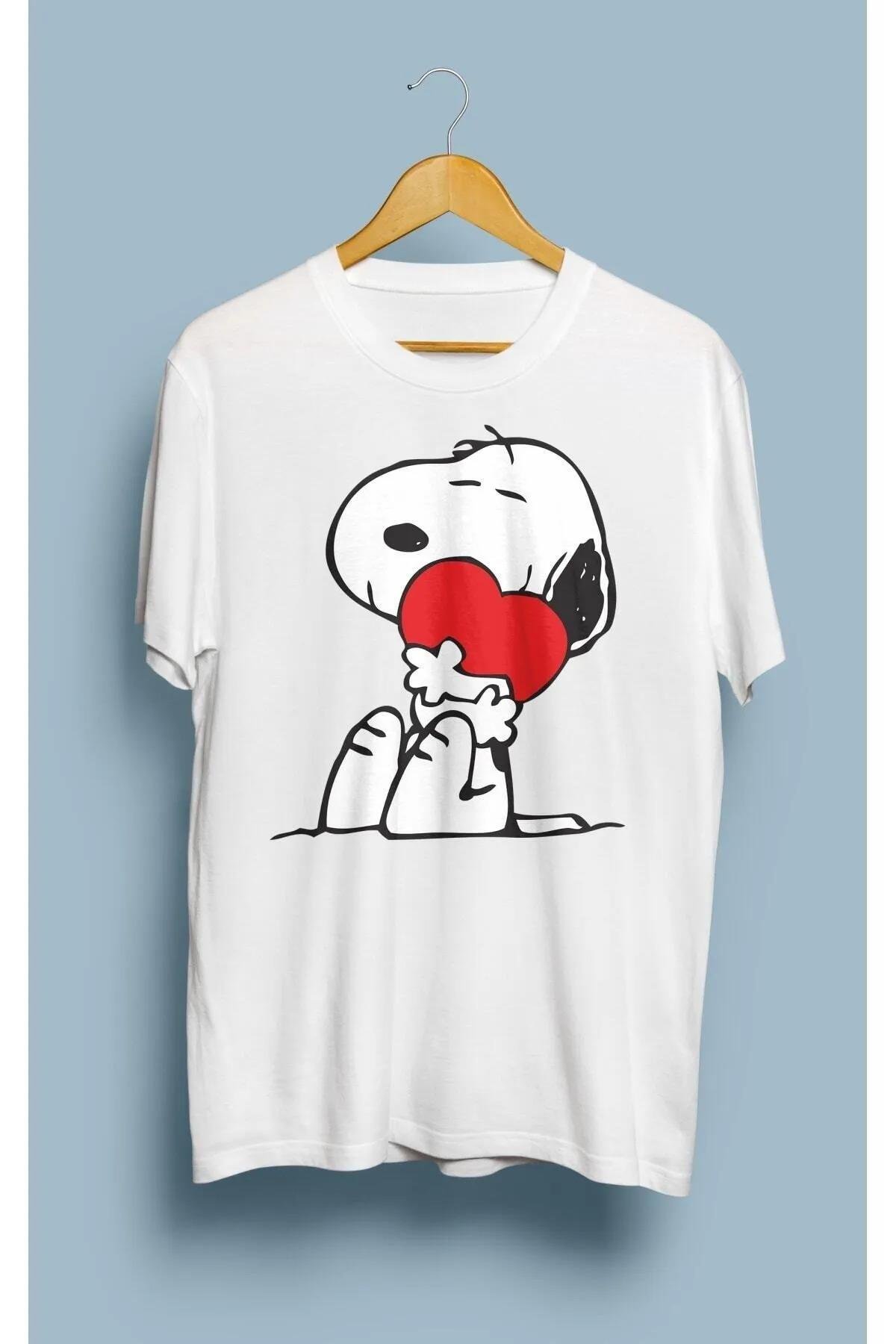 Unisex Bol Kalıp Snoopy Çizgi Karakteri Baskılı Tişört