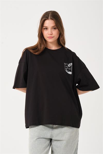 Unisex Ekru Bisiklet Yaka Baskılı Oversize T-shirt