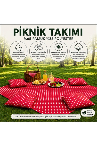 Kırmızı Puantiyeli Piknik Takımı 170x170 cm | 4 Kare Dolgulu Minderli | Sıvı Geçirmez | Özel Üretim